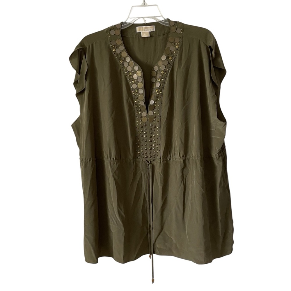 Michael Michael Kors Plus Size 3X 100% Silk Olive Green Embellished Blouse